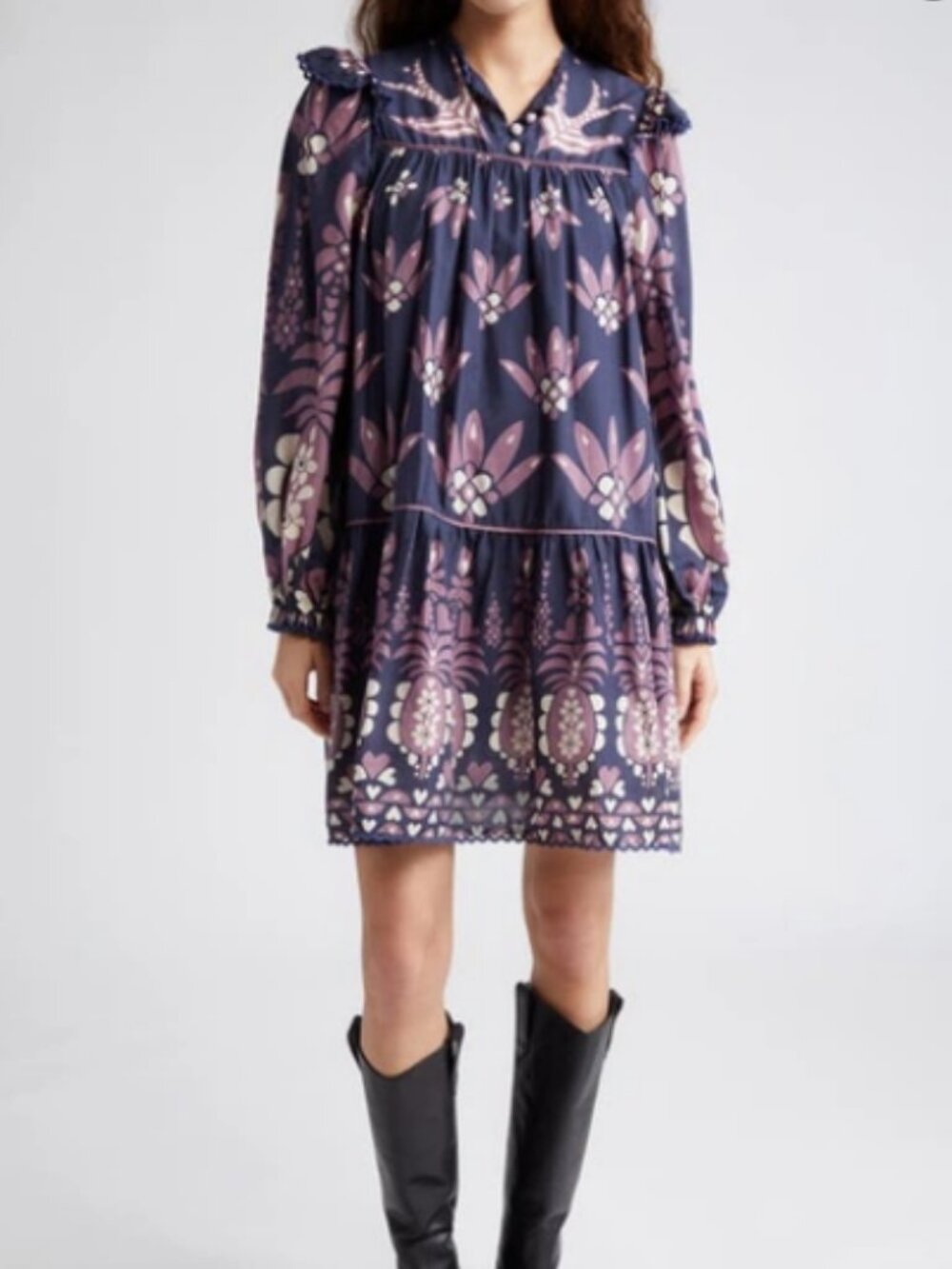 Farm Rio - Ainika Martina Floral Long Sleeve Shift Dress In Dark Blue - Picture 4 of 5